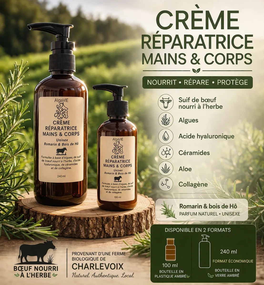 Crème Réparatrice Mains & Corps au Suif de Boeuf, Acide Hyaluronique, Algues et Collagène
