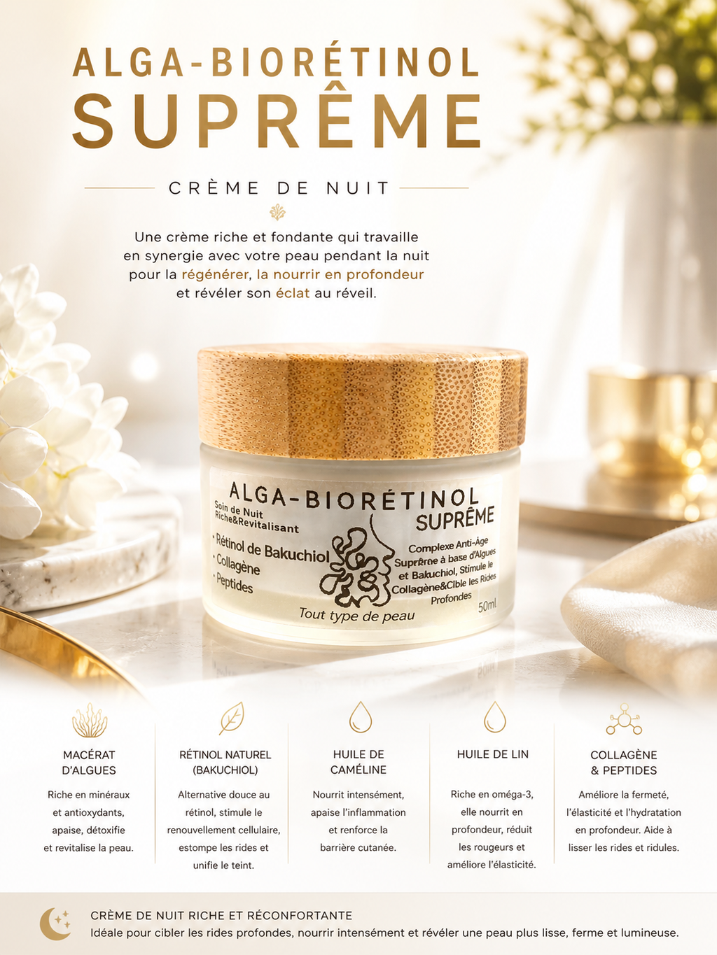 Alga-Biorétinol Crème de nuit🌙 anti-âge aux Algues, Thé du Labrador, Bakuchiol et Collagène