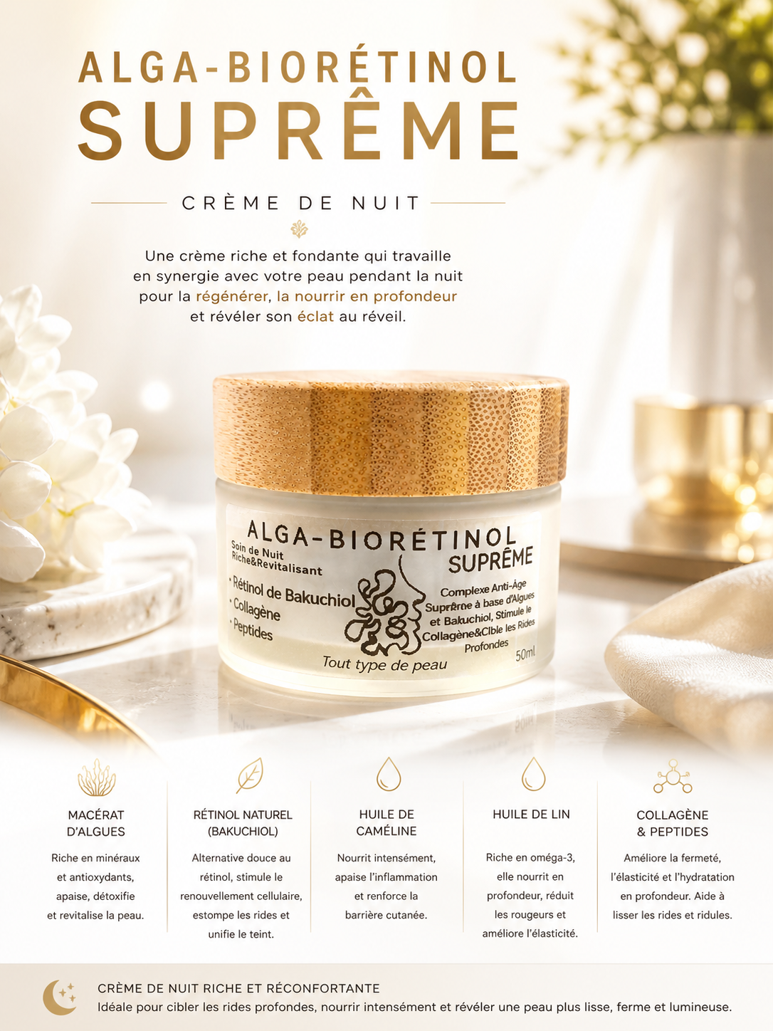 Alga-Biorétinol Crème de nuit🌙 anti-âge aux Algues, Thé du Labrador, Bakuchiol et Collagène