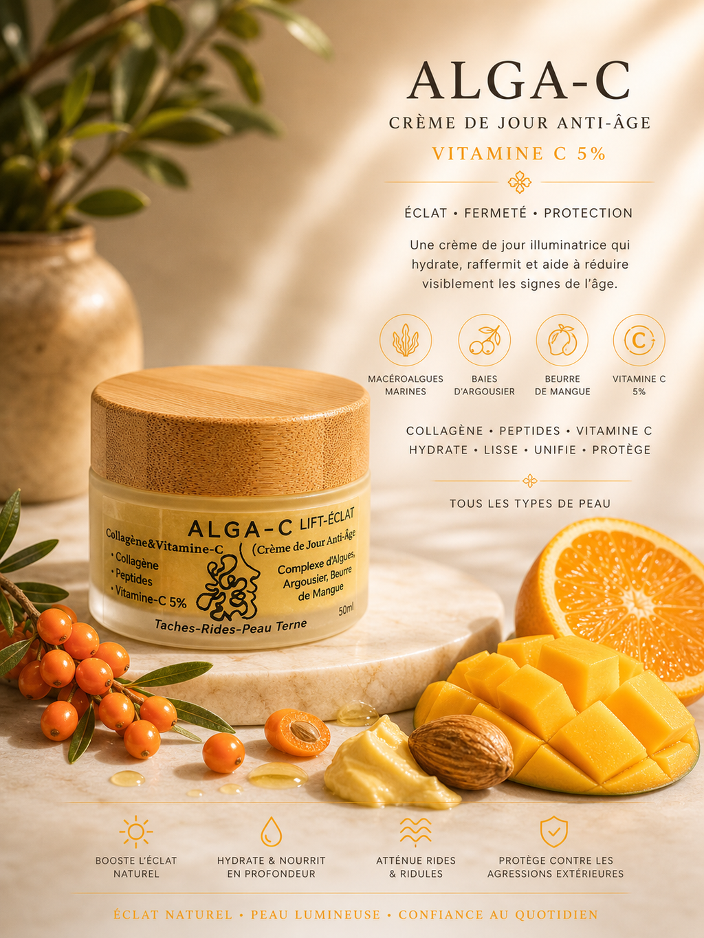 Alga-C 🍊 Crème de jour anti-âge, argousier, beurre de mangue, vitamine C 5% et Collagène