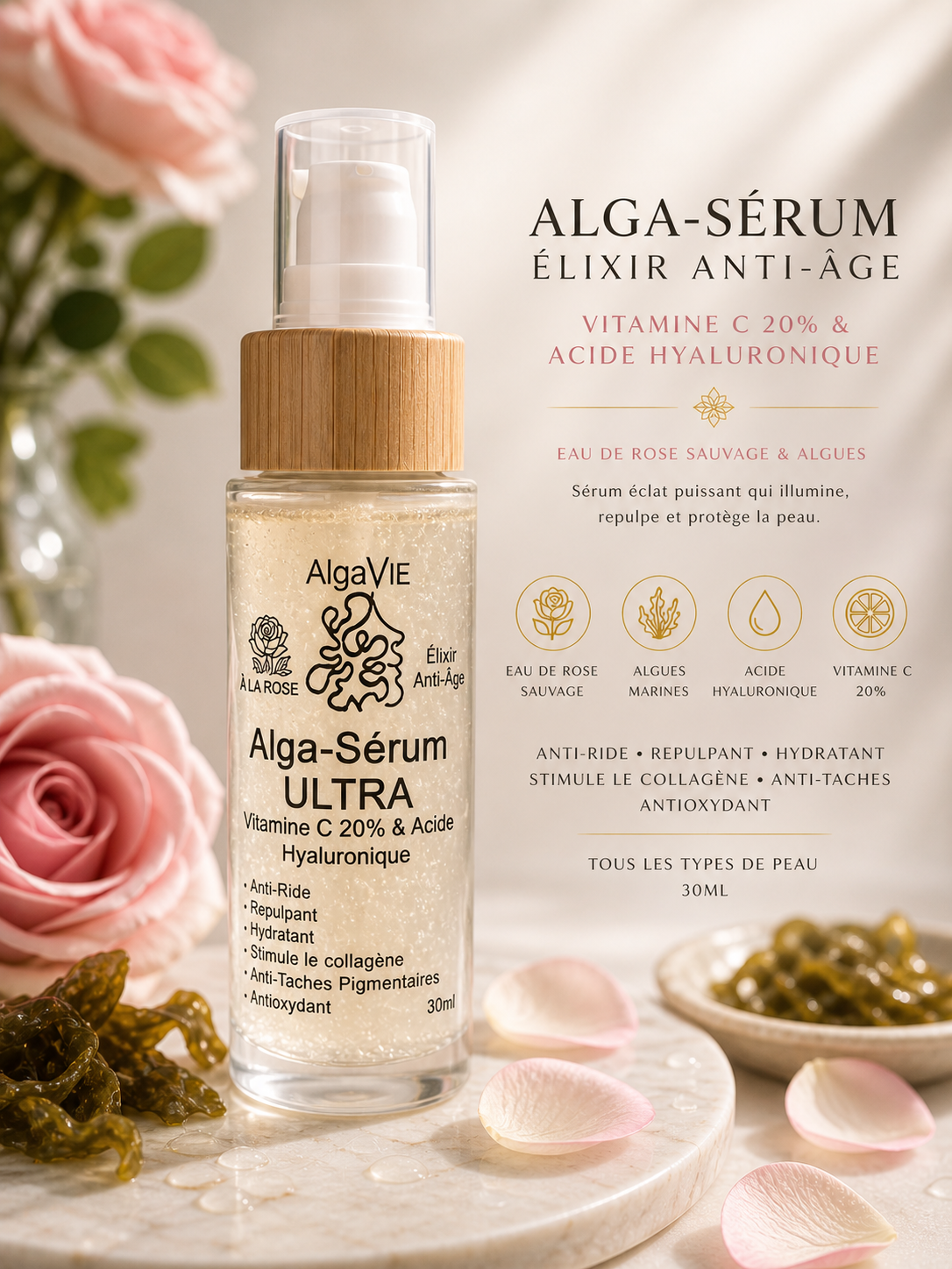 Alga-Sérum ÉLIXIR ✨ Anti-âge – Vitamine C 20% + Acide Hyaluronique + Algues