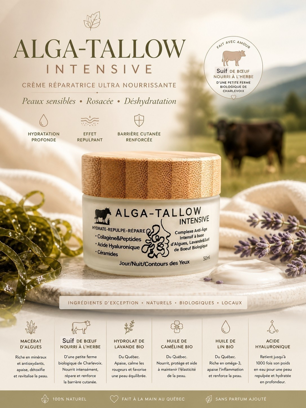 Alga-Tallow 🌿 Crème visage nourrissante au suif de bœuf, collagène & acide hyaluronique