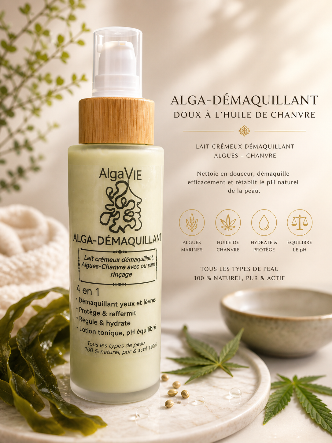 Alga-Démaquillant Lait démaquillant algues et chanvre avec ou sans rinçage