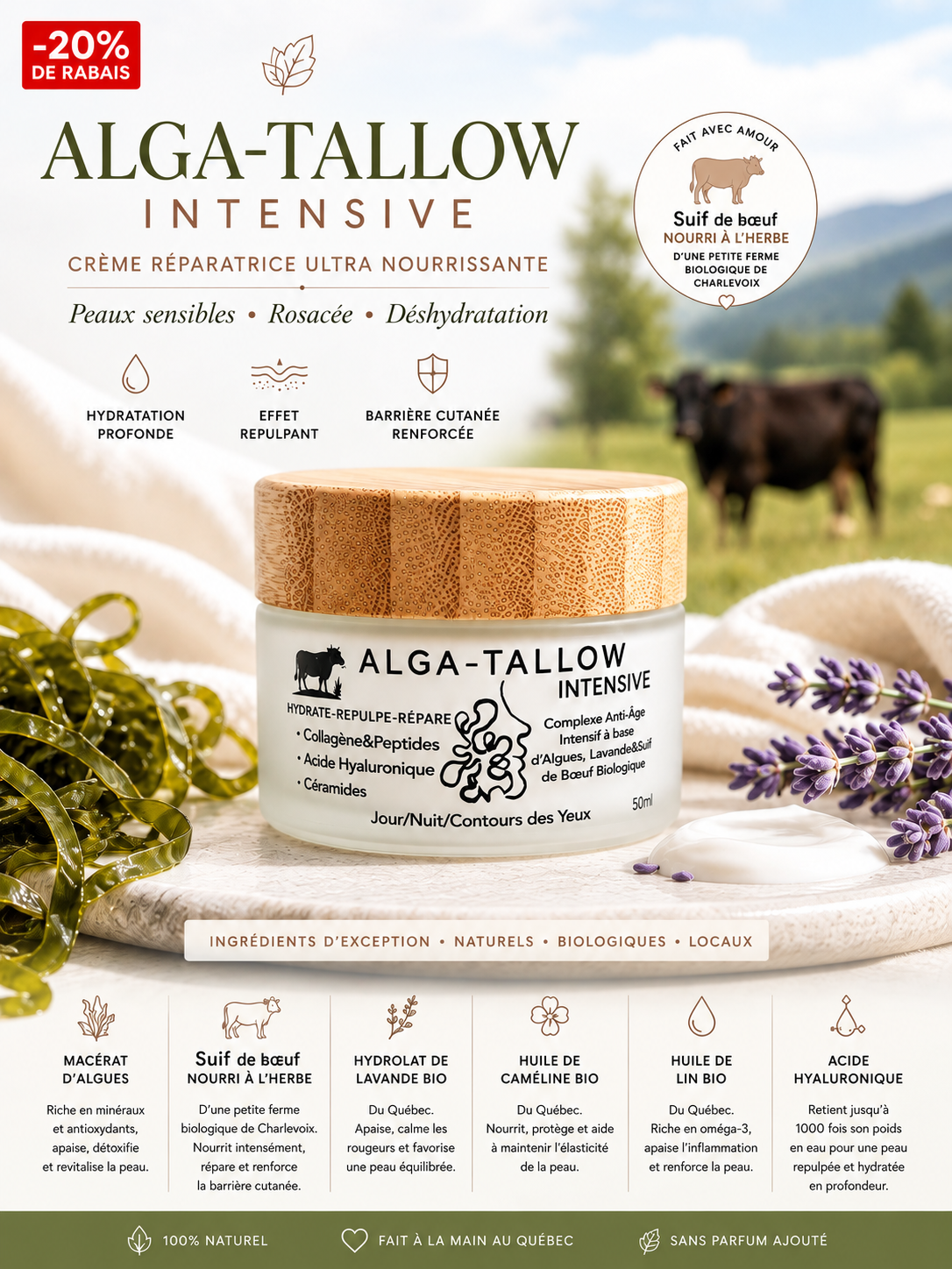 Alga-Tallow 🌿 Crème visage nourrissante au suif de bœuf, collagène & acide hyaluronique