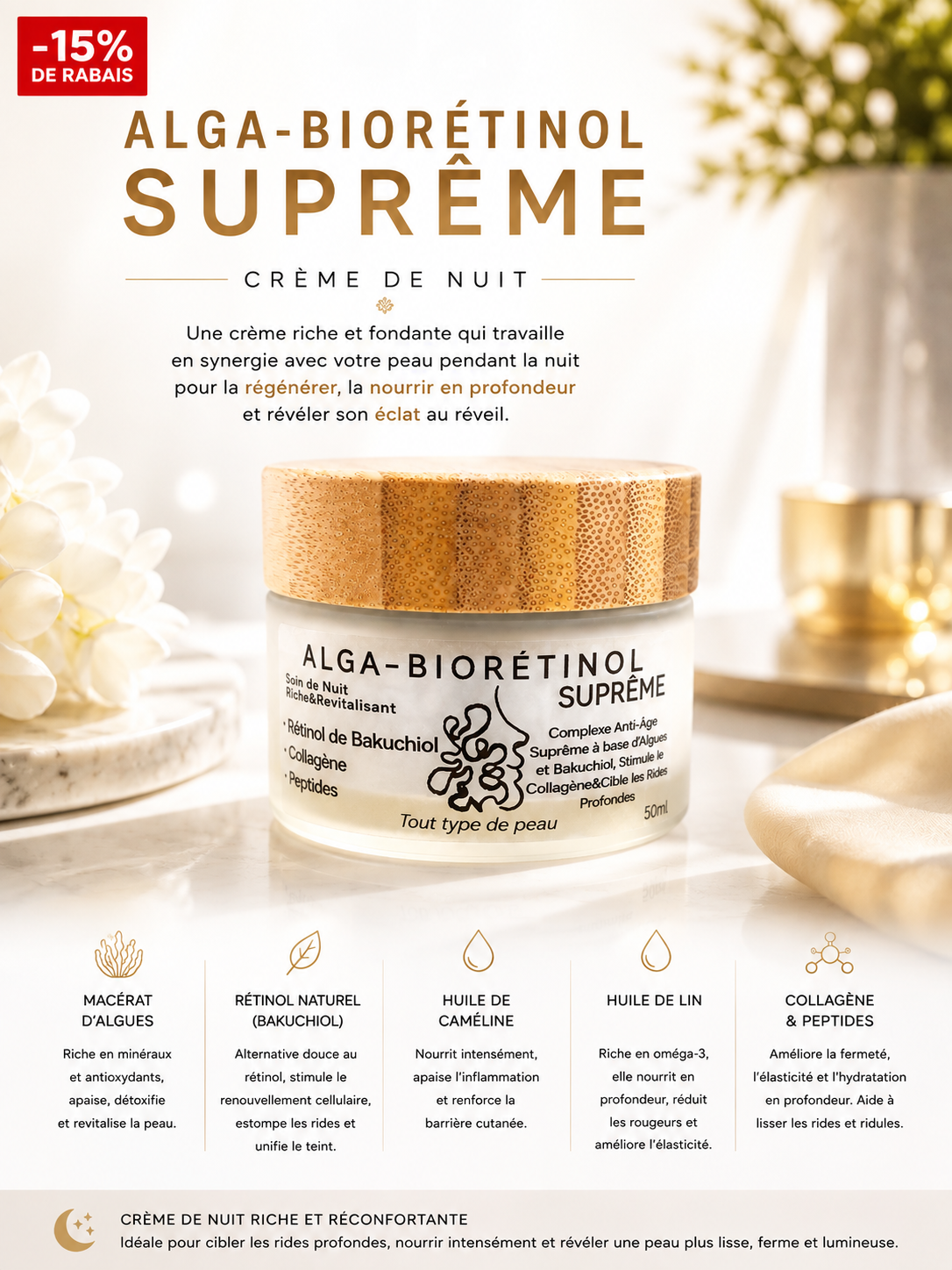 Alga-Biorétinol Crème de nuit🌙 anti-âge aux Algues, Thé du Labrador, Bakuchiol et Collagène