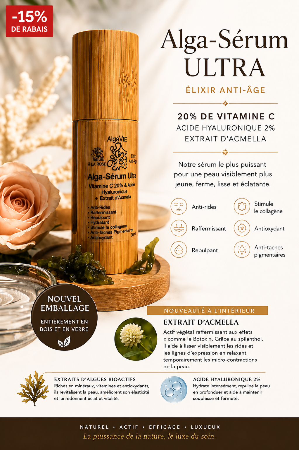 Alga-Sérum ÉLIXIR ✨ Anti-âge – Vitamine C 20% + Acide Hyaluronique + Algues