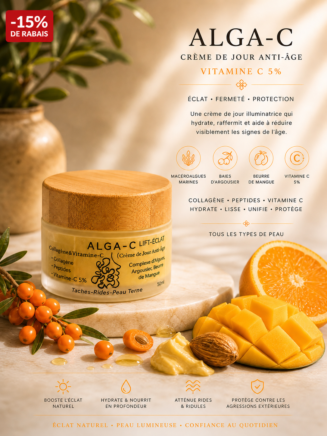 Alga-C 🍊 Crème de jour anti-âge, argousier, beurre de mangue, vitamine C 5% et Collagène